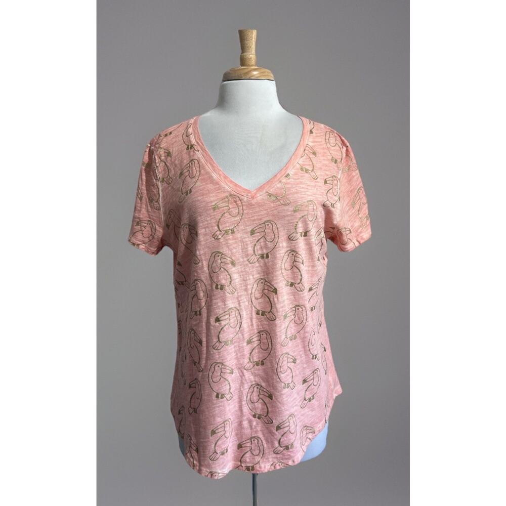 Paradise Shores Women's L Pink Gold Toucan V-Neck Shirt Travel Fun